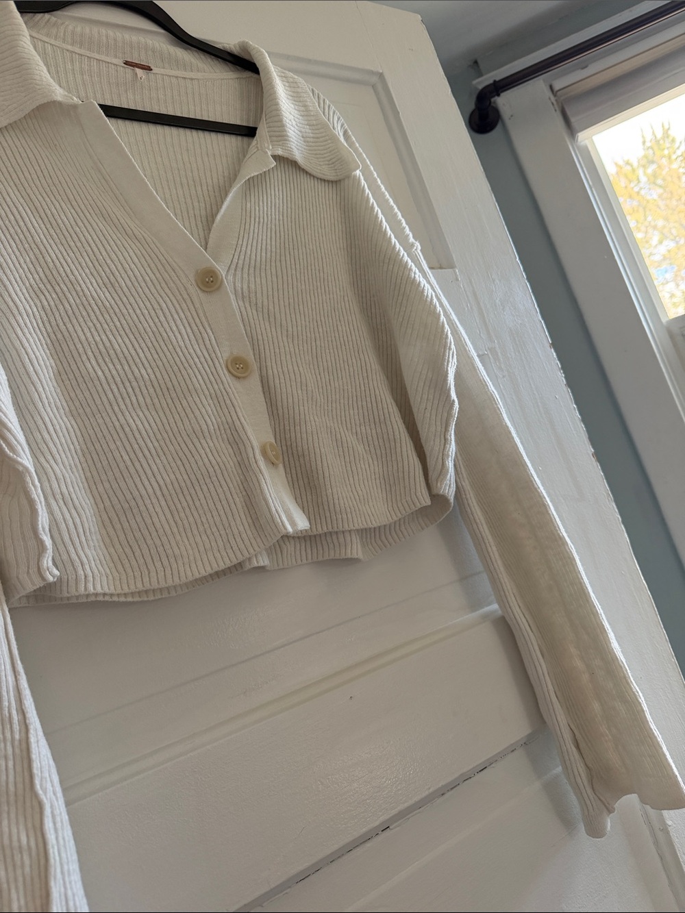 Free People Cropped Ribbed Button-Front Cardigan - Cream - Picture 6 of 8